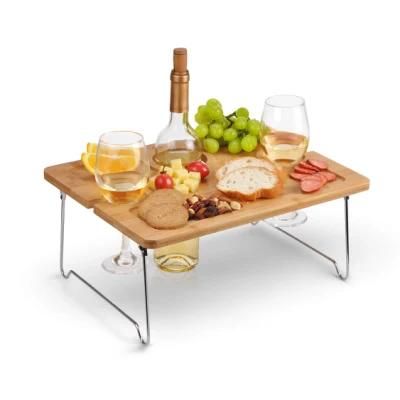 Folding Portable Bamboo Wine Glasses &amp; Bottle Outdoor Wine Picnic Table