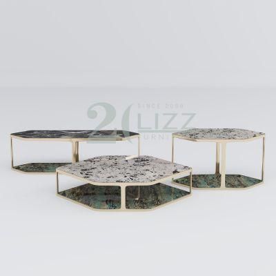Unique European Style Sectional Living Room Furniture Modern Luxury Stainless Steel Coffee Table with Marble Glass