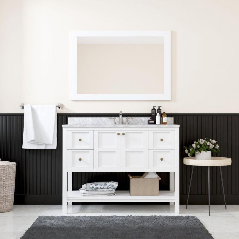 Nordic Style White Floor Solid Wood Bathroom Cabinet with Mirror