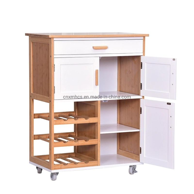 Bamboo Wooden Rolling Trolley Modern Kitchen Islands Cart Kitchen Cabinet with Wine Rack & Wheels Wood Products Household Storage Rack