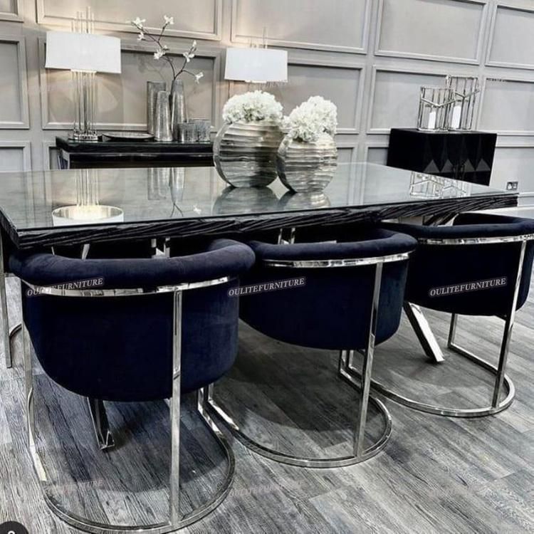 Black Velvet Silver Dining Chair with Glass Dining Table Set