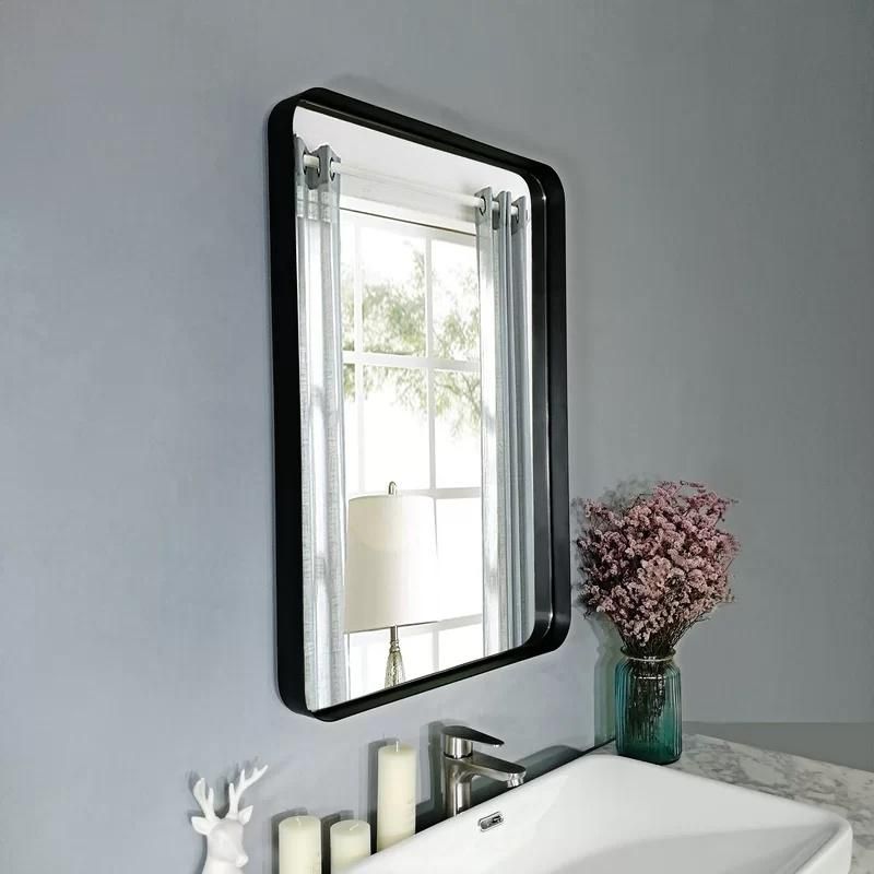 Round Shape Black Color Metal Framed Bathroom Wall Mounted Mirror with Wooden Shelf
