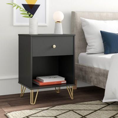 Living Room Furniture Gray Bedside Table 1 Drawer Nightstand End Table Bedroom Furniture with Metal Leg