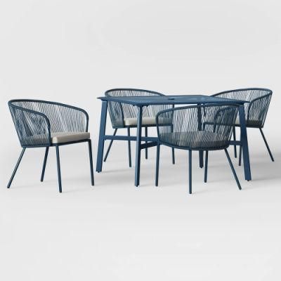 Outdoor Indoor Modern Blue Aluminum Rope Woven Dining Table Set