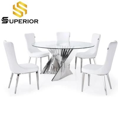 White Leather Silver Dining Chair with Glass Top Dining Table