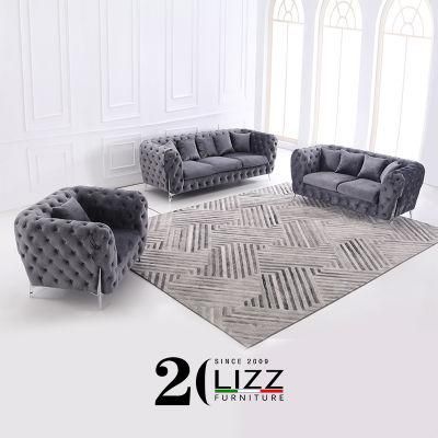 China Manufacturer Direct Hot Sale Modern Living Room Fabric Chesterfield Sofa Leisure Home Velvet Couch with Stainless Steel Legs