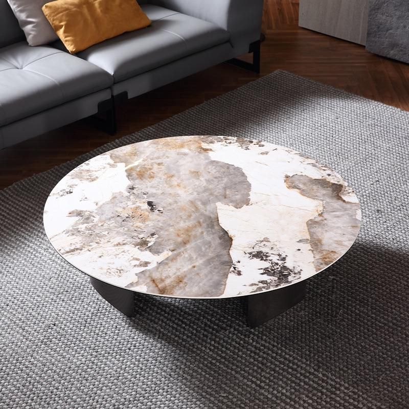 Modern Furniture Titanium Round Marble Rock Beam Coffee Table