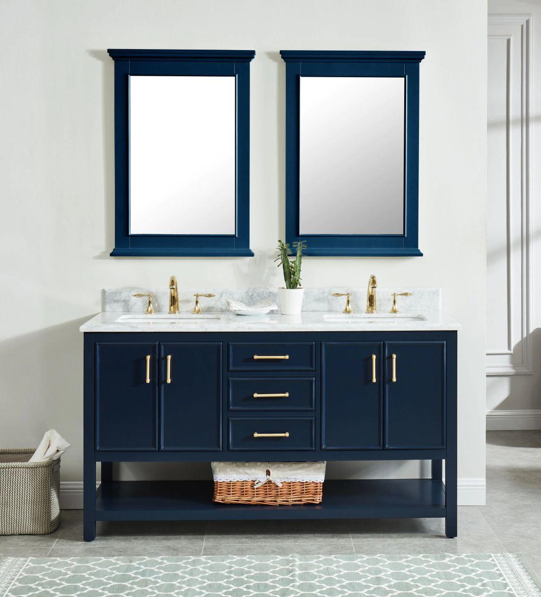 Navy Blue Undermount Double Sink Bathroom Vanity with Carrara White Natural Marble Top