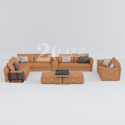 Nordic Chic Design High Grade Coffee Brown Sectional Geniue Leather Living Room Sofa Set with Ottoman &amp; Coffee Table