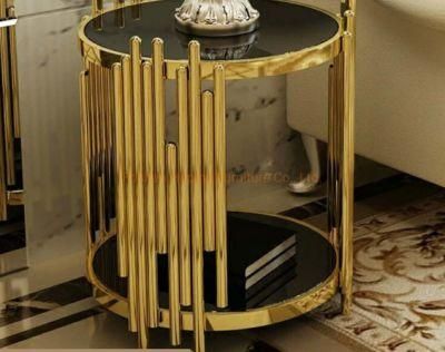 Modern Hotel Beer Round Tempered Glass Coffee Table with Golden Brass Metal Base