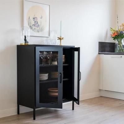 Luxury Modern Living Room Mesh 2-Door Accent Cabinet Metal Cabinet Black with Powder Coated