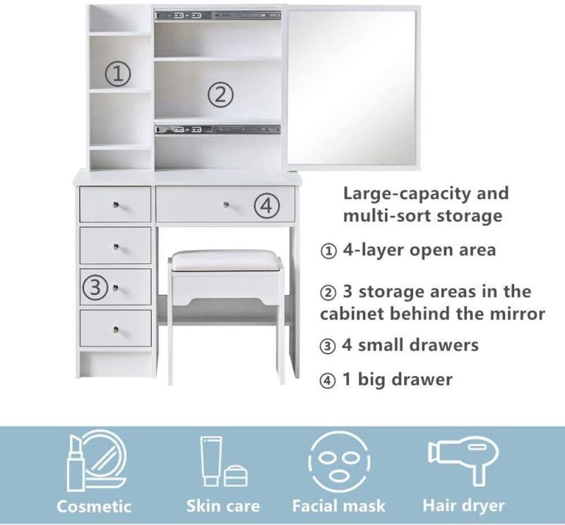 High Quality Modern European Drawers Storage Bedroom Furniture Nordic White Vanity Makeup Dressing Table with Mirror and Stool