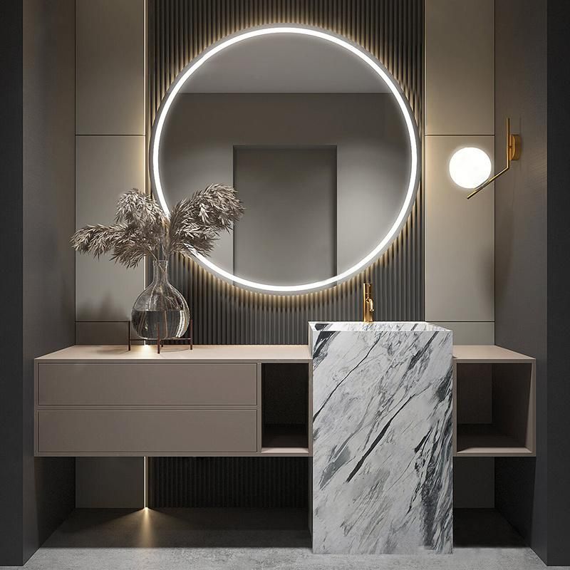 Exquisite Exterior New Design Hotel Corner Vanity Cabinet White Floor Mounted Design Bathroom Vanity Cabinet with LED Mirror and Rock Plate Sink