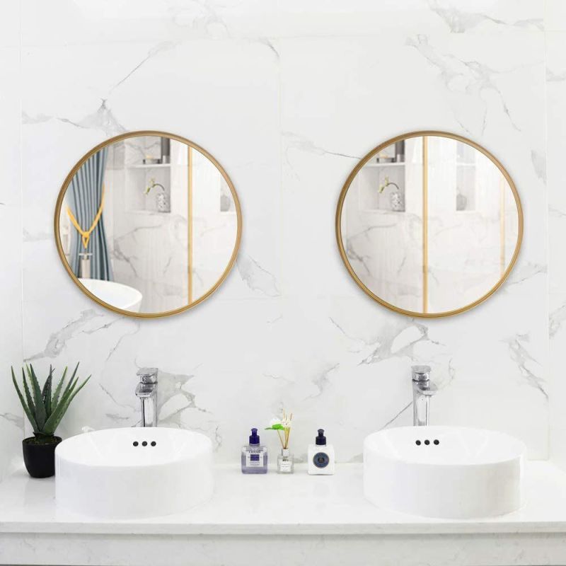 Hotel 28 in X 28 in Satin Golden Round Aluminum Alloy Framed Bathroom Vanity Mirror