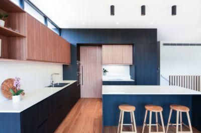 L-Shaped Dark blue with Wood Grain Cupboard Thoughtfully Designed Kitchen Cabinets