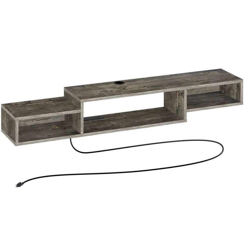 Wall Mounted Media Console with Power Outlet 59", Rustic Floating TV Stand Component Shelf, Entertainment Storage Shelf for Living Room, Rustic Brown