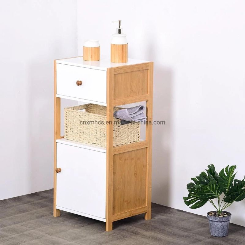 Bamboo Storage Cabinets Bathroom Shelf with Door, Free Standing Wood Storage Cabinet for Office Kitchen Living Room