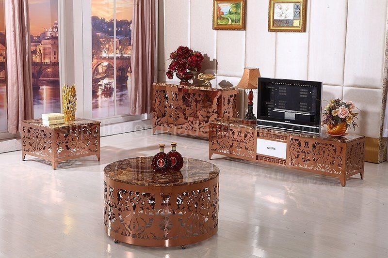 Baroque Style Rose Gold Stainelss Steel Marble Coffee Table