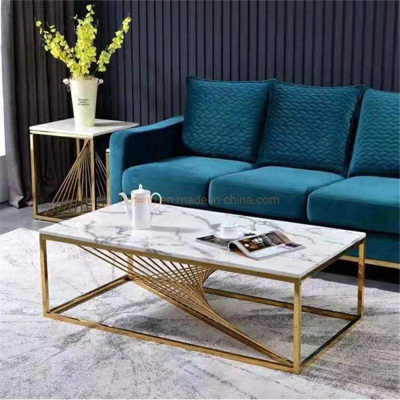 Living Room Sofa Table Two Display Center Table Luxury Home Steel Base Gold Round Glass Marble Coffee Tables