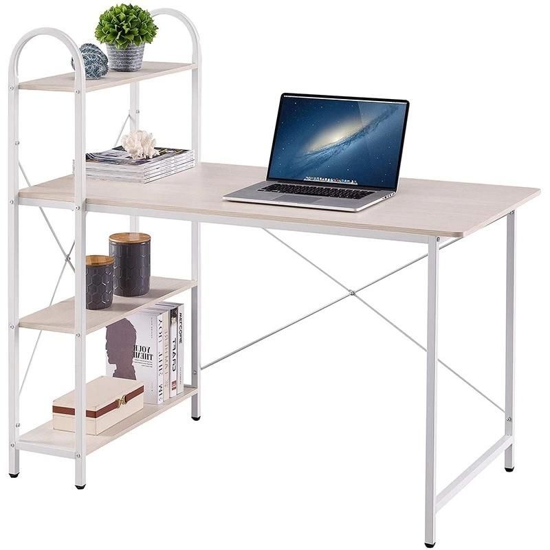Home Office Study Desk Shelf Wood Work-Station PC Laptop Table White Computer Table with Bookcase