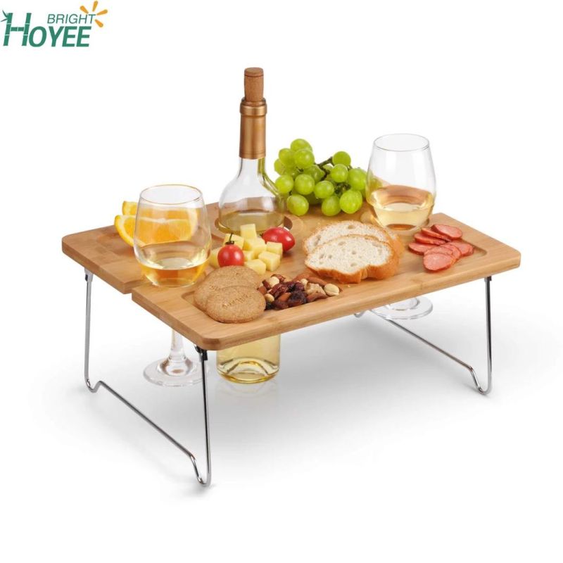 Folding Portable Bamboo Wine Glasses & Bottle Outdoor Wine Picnic Table