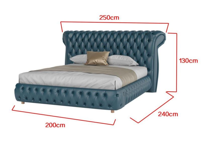 Factory Hot Sale European Classic Style Chesterfield Geniue Leather Double Size Bed Wood Home Room Furniture