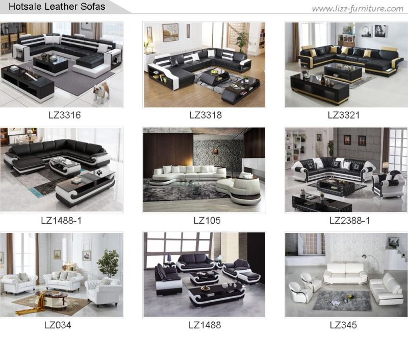 Hot Selling European Modern Design Leisure Furniture LED Sectional Genuine Leather Sofa for Home/Living Room/Office with Coffee Table