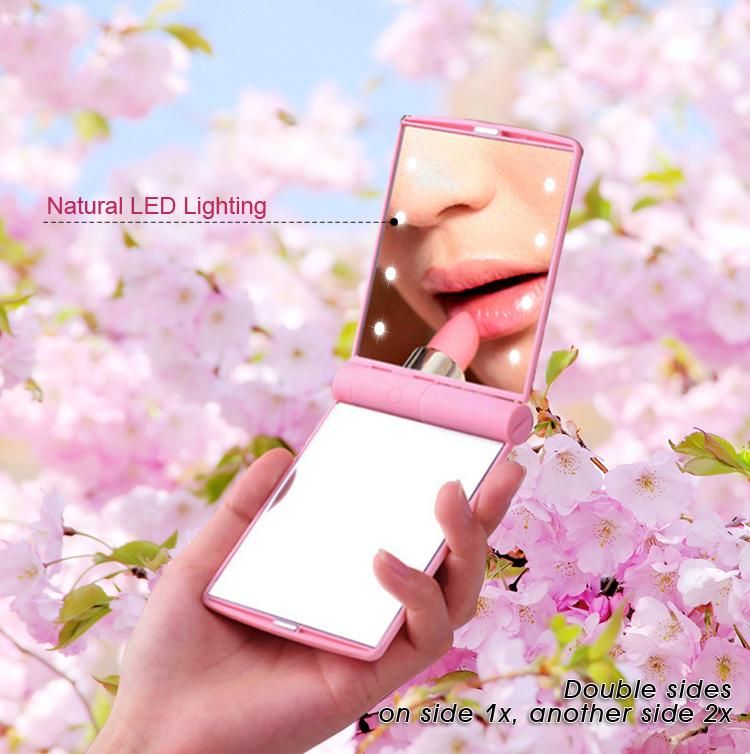 Professional Makeup Hand Mirror with LED Lights Compact Cosmetic Folding Portable Mirror