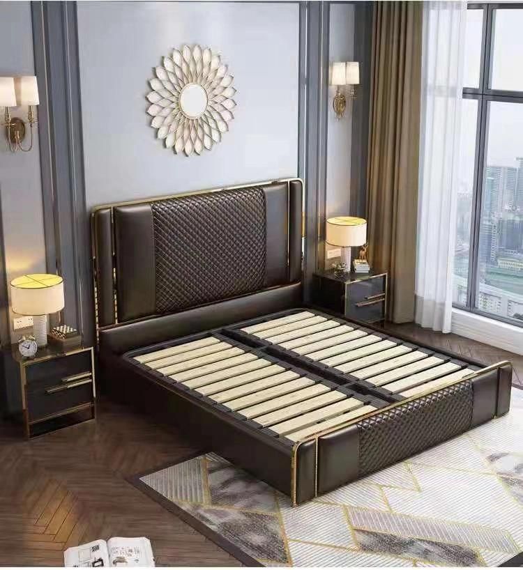 Luxury Bedroom Furniture Modern Upholstered Leather Italian Bed with Storage King Size White Leather Bed