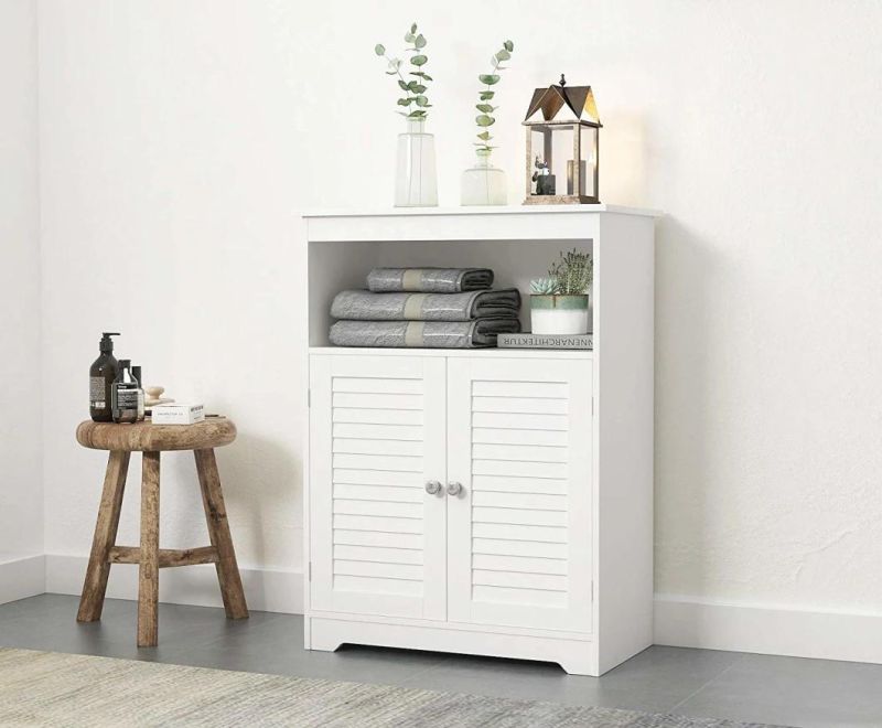 Home Furniture White Free Standing Bathroom Storage Cabinet with Double Shutter Doors and Adjustable Shelves