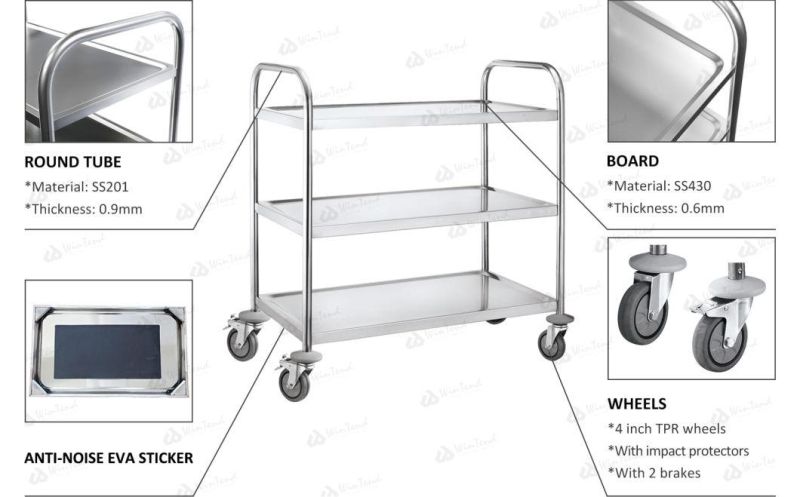 Stainless Steel Round Tube 3-Tier Hotel Restaurant Kitchen Trolley Cart