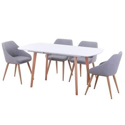 Luxury White Expandable Extra Length Table High Quality Indoor Fabric Soft Cushion Seat Wooden Legs Chairs Dining Room Set