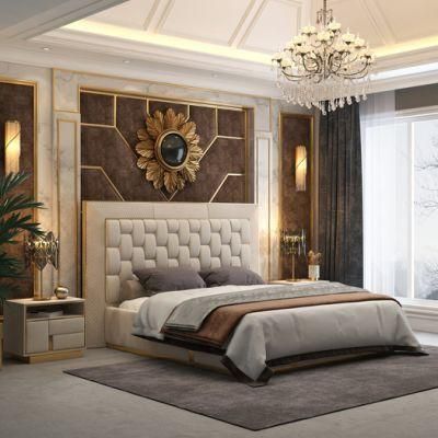 Modern Italian Luxury 2.0m Beige Leather King Bed for Home Bedroom Furniture Set