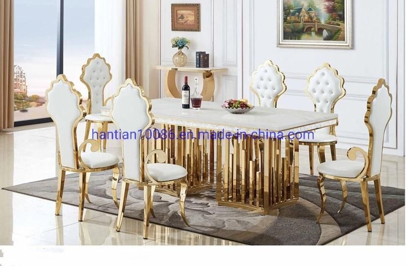 Stainless Steel Table with Chairs Set Hotel Table with Marble PU Leather Chair