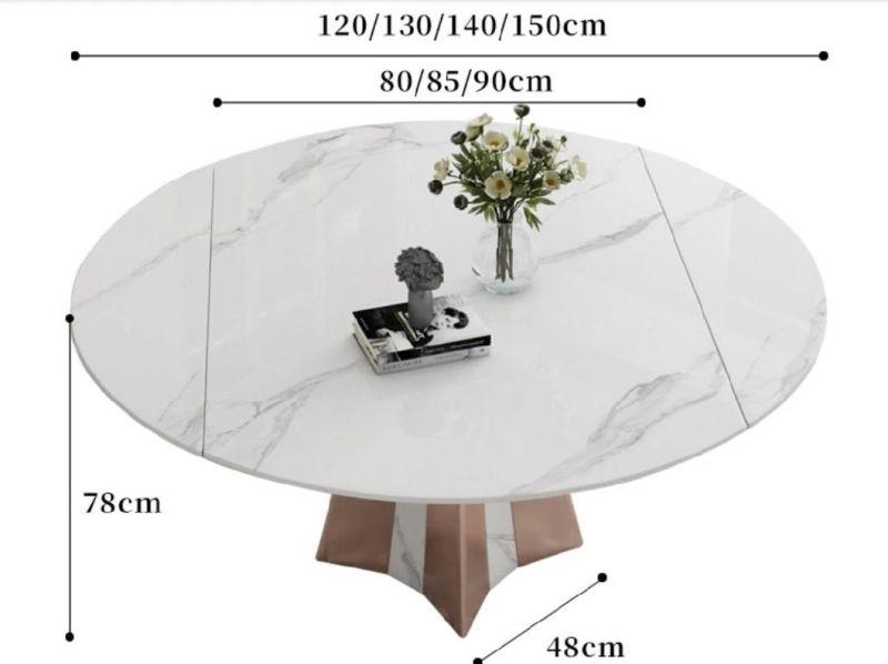 High End Modern Home Dining Furniture Elegant Marble Top Stainless Steel White Round Extendable Dining Table Set