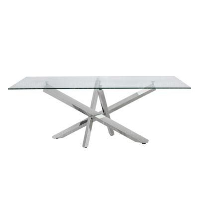 Modern Stainless Chrome 8 Seater Clear Glass Centre Dining Table
