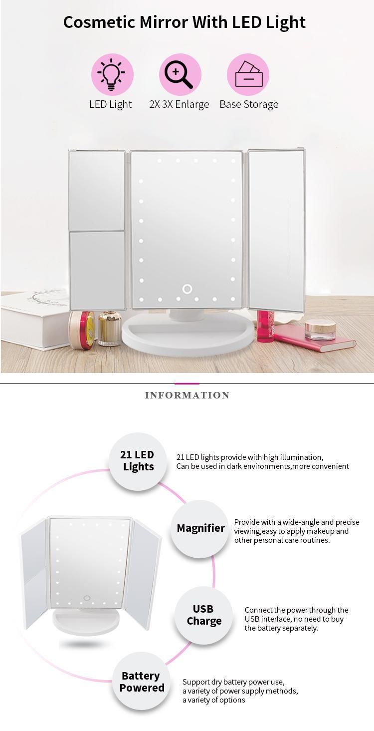 Pritech Amazon Top Seller Vanity LED Lighted Travel Makeup Mirror Desktop Trifold Magnified Makeup Mirror with Lights