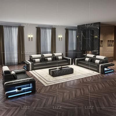Modern Home 1s+2s+3s Leisure Living Room Furniture Functional Genuine Leather Sofa Set with Wireless USB Charger