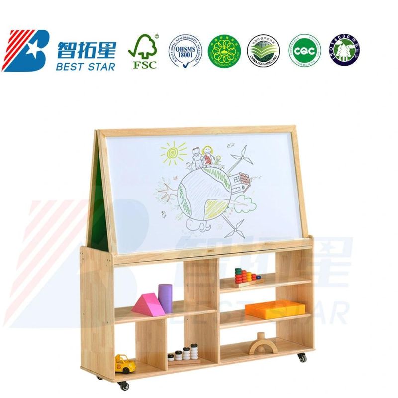 Preschool, Day Care Center, Kindergarten and Nursery School Easel, Modern Multi-Function Easel, Double-Side Movable Wood Easel with Cabinet