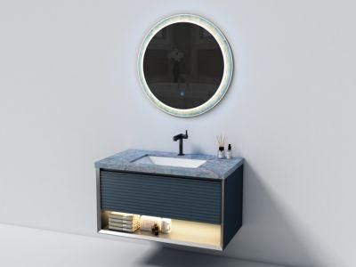 New Design Dark Blue Melamine Bathroom Cabinet Vanity with LED Round Mirror Bathroom Furniture