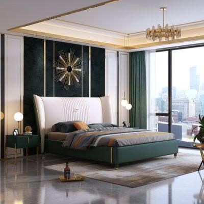 Modern Home Italian Wood Metal Luxury Leather Wooden King Size Bed for Bedroom Furniture