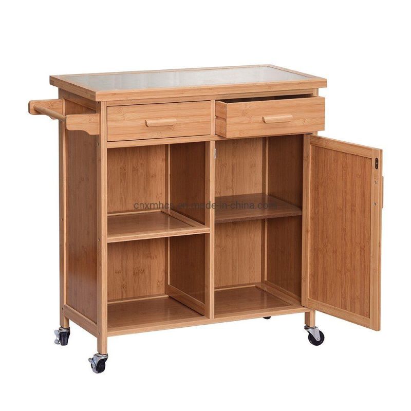 Modern Durable Home Furniture Bamboo Kitchen Trolley with Storage Cabinet & Towel Rack Bar Serving Cart Kitchen Trolley Cart with Wheels