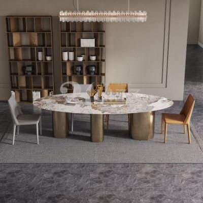 Modern Home Area 5 Star Hotel Designer Dining Set Luxury Circular Rock Panel Dining Table with Leather Chiars