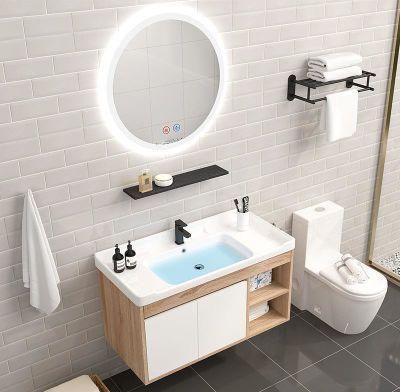 Modern Bathroom Vanities with LED Round Mirror, Melamine Bathroom Vanities