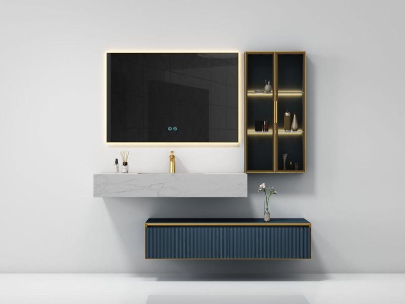 Luxury Melamine Bathroom Furniture Cabinet Framed Black Lame with Mable Counter Top Sanitary Ware Bathroom Vanity