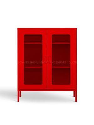Living Room Use Red Glass 2 Doors Accent Cabinets Storage Cabinets