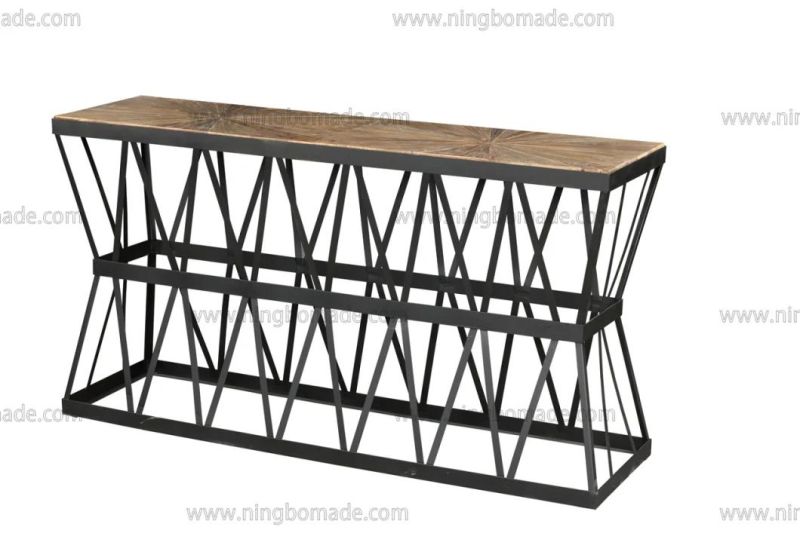 Nordic Modern Metal Furniture Natural Reclaimed Elm and Black Iron Rectangle Crossed Console Coffee Table