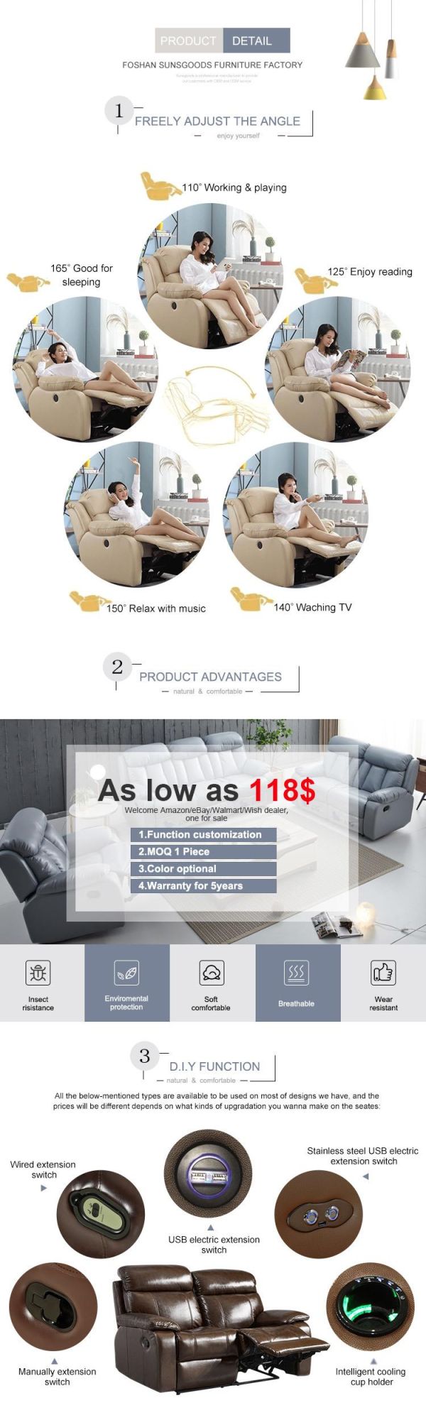 Modern Home Furniture Living Room Leather Electric Massage Lounge Leisure Recliner Sofa