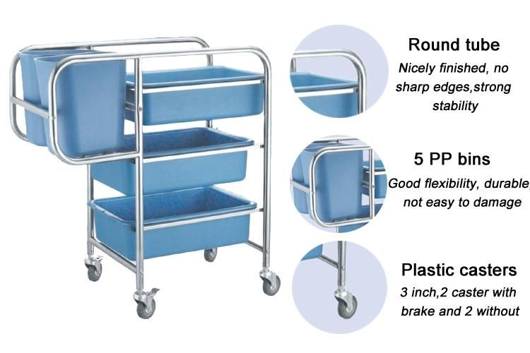 Hotel Housekeeping Knock Down Hotel Food Cleaning Cart Trolley 5 Bins