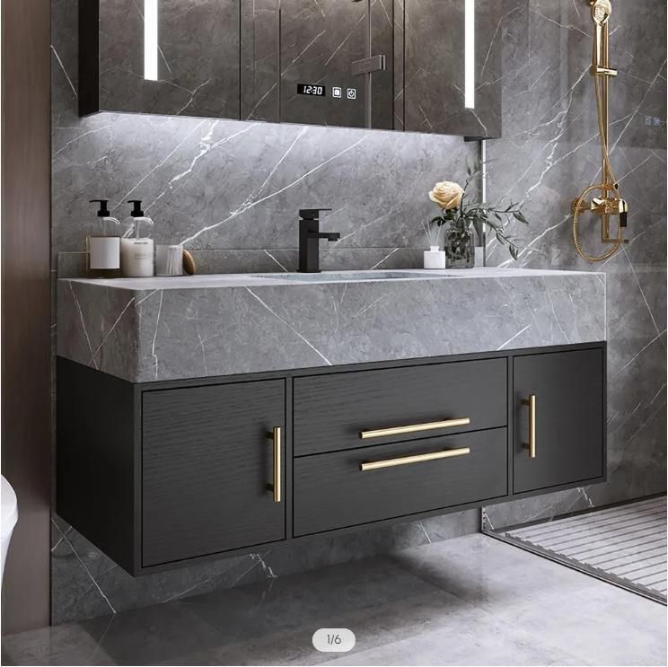 40" Gray Floating Bathroom Vanity with Stone Top Wall Mounted Cabinet